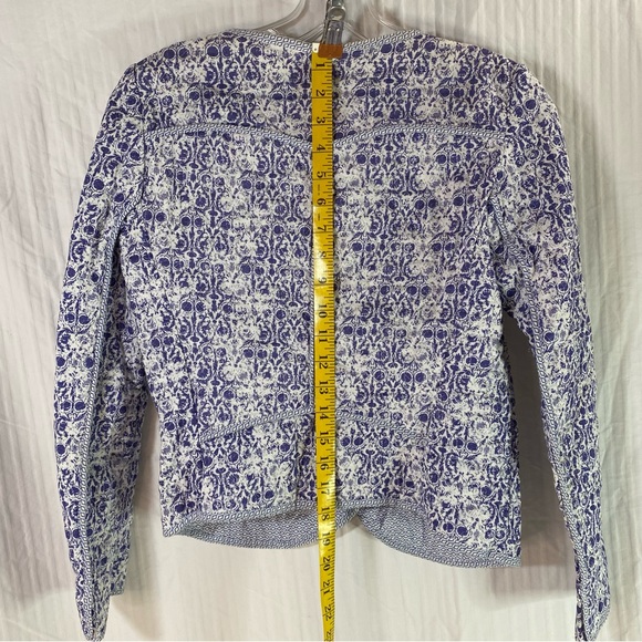 Zara Fitted Jacket Sz M Blue & White Zip Up piping  sweetheart Neck & Pockets - Picture 10 of 11